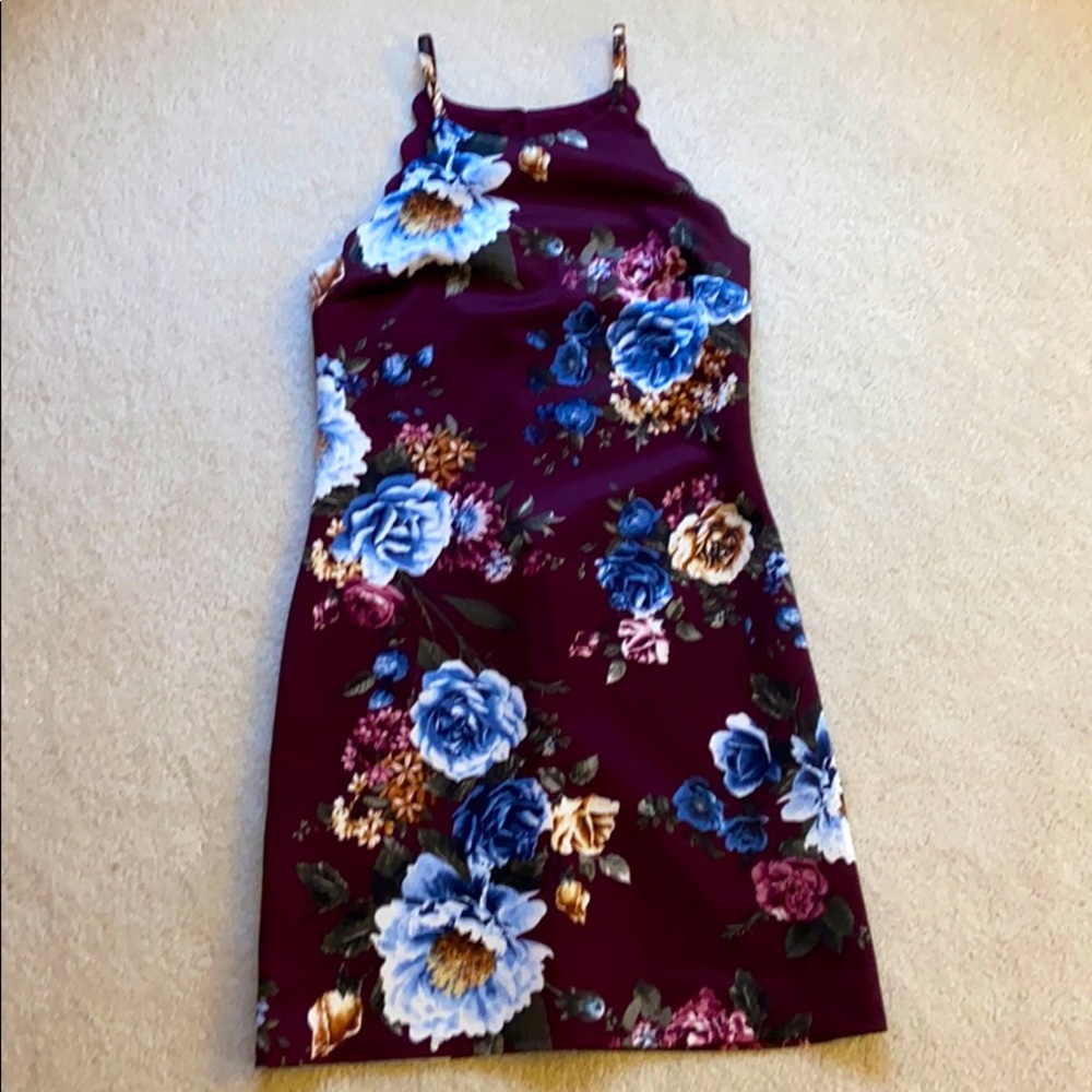 Royal purple floral halter-neck dress